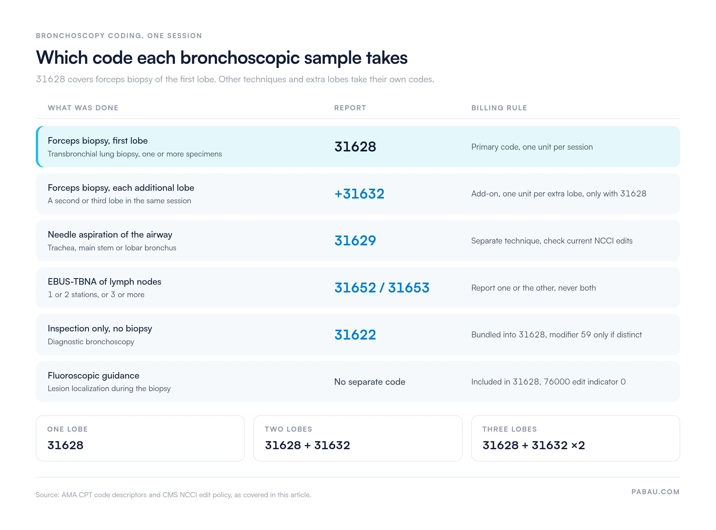 Code selection grid for one bronchoscopy session: forceps biopsy of the first lobe is 31628, each additional lobe is add-on 31632, airway needle aspiration is 31629, EBUS-TBNA is 31652 for 1 or 2 stations or 31653 for 3 or more, inspection only is 31622 and is bundled into 31628, fluoroscopy has no separate code. Two lobes bill as 31628 plus 31632, three lobes as 31628 plus 31632 times two.