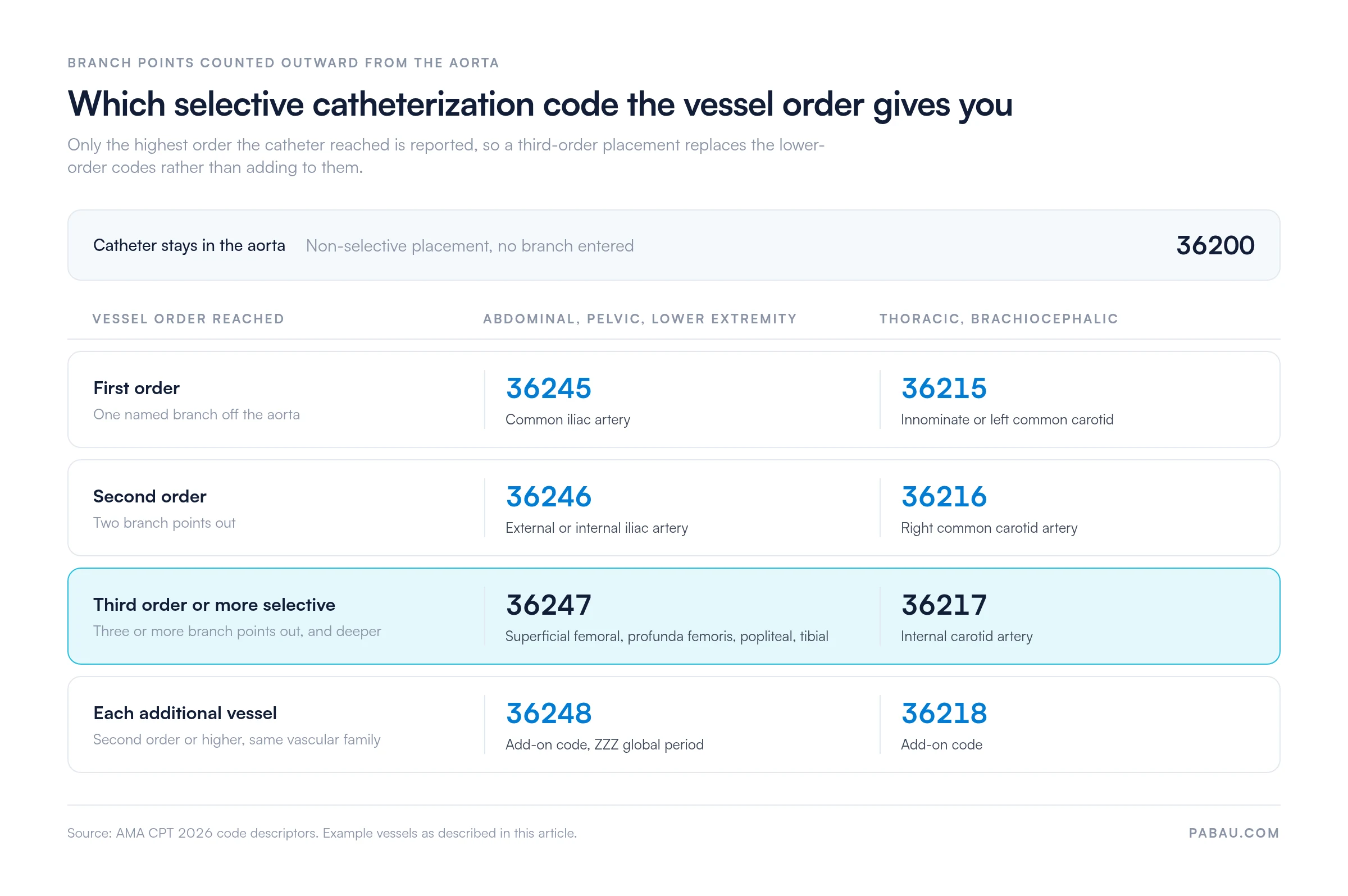Table mapping catheter vessel order to CPT codes