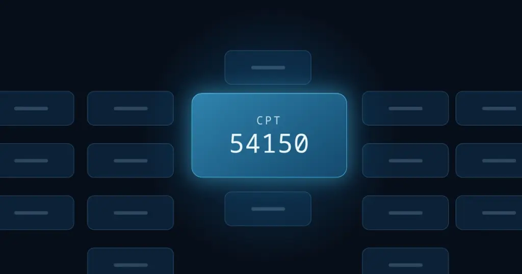 Pabau card highlighting CPT 54150 among a grid of dimmed procedure code tiles
