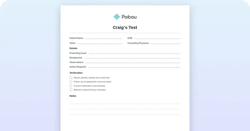 Craig's test assessment form preview from Pabau