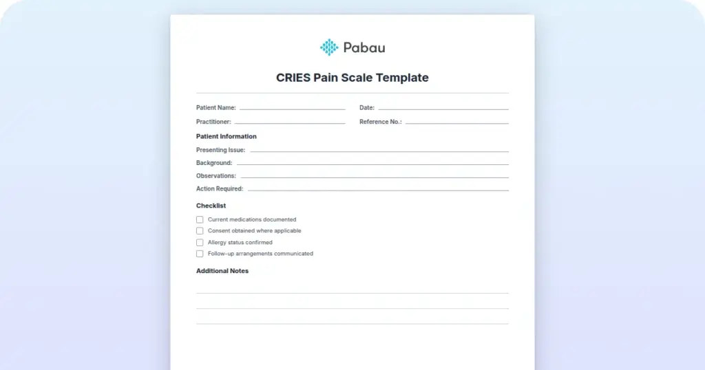 CRIES Pain Scale Template preview from Pabau