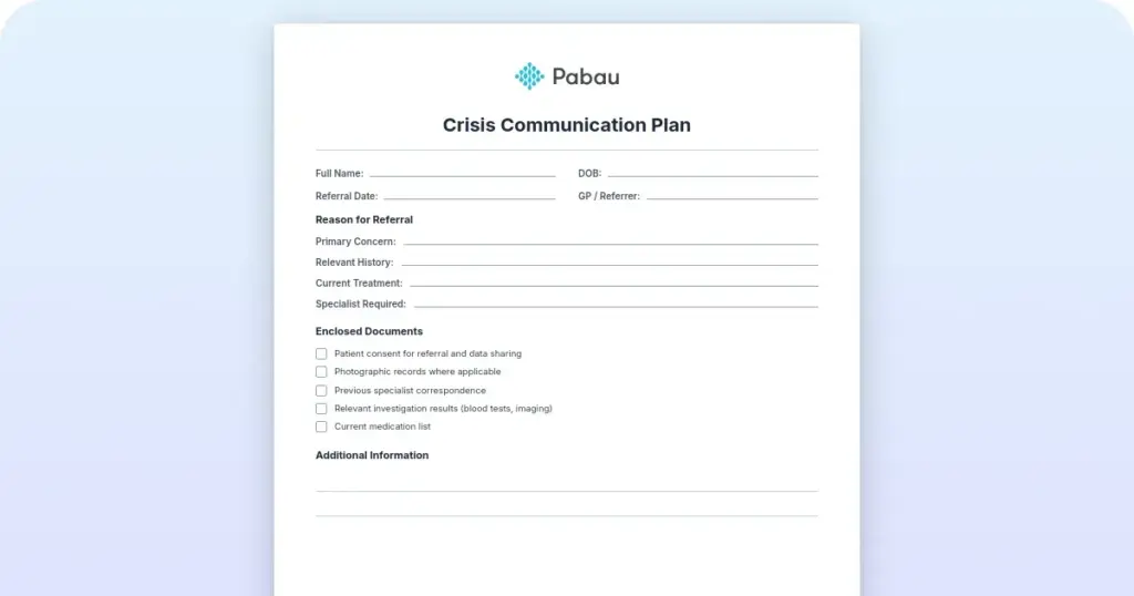 Crisis communication plan preview from Pabau