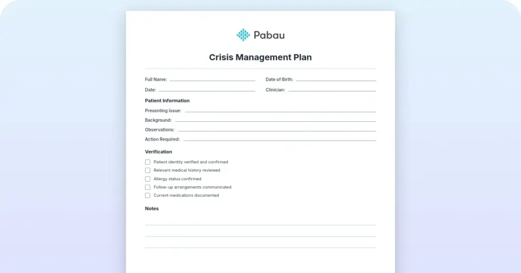 Crisis management plan template for healthcare practices preview from Pabau
