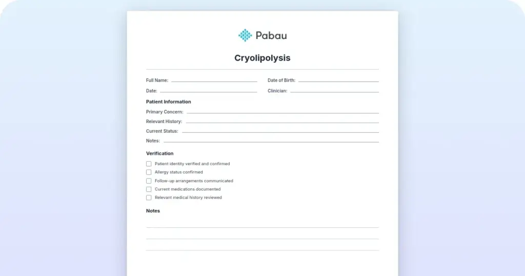 Cryolipolysis consent and treatment form template preview from Pabau