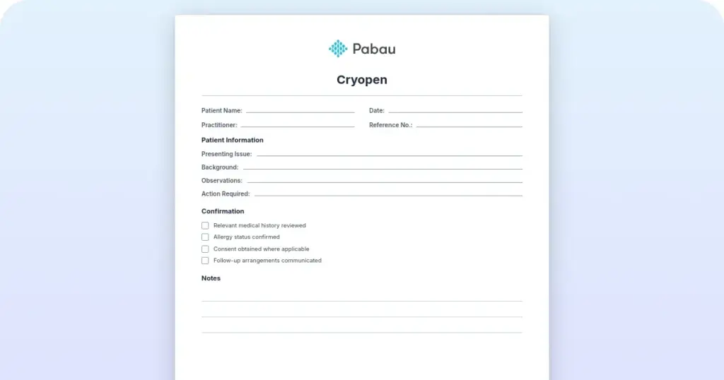 CryoPen treatment template: Consent, protocol, and aftercare preview from Pabau