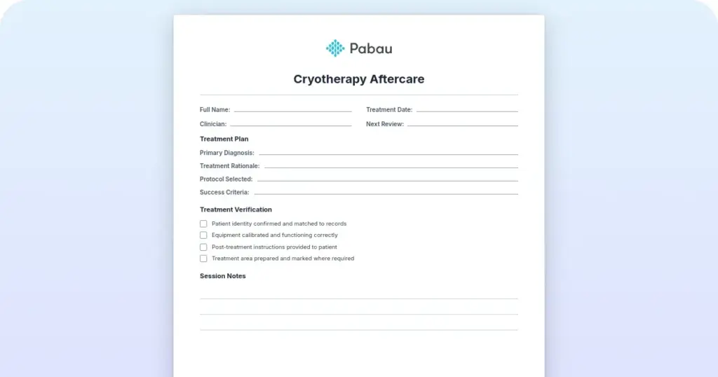 Cryotherapy aftercare: Free template and patient care guide preview from Pabau
