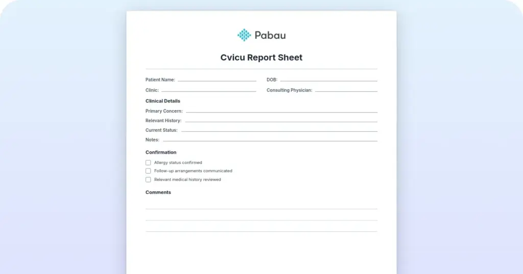 CVICU report sheet: Free template and section guide preview from Pabau