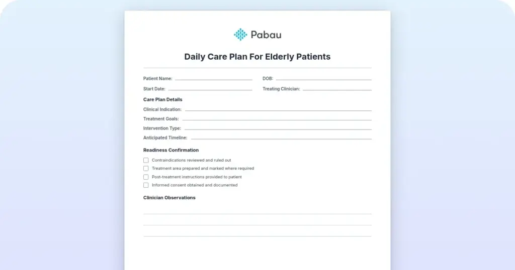 Daily Care Plan for Elderly Patients preview from Pabau