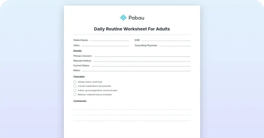 Daily routine worksheet for adults (Free PDF template) preview from Pabau