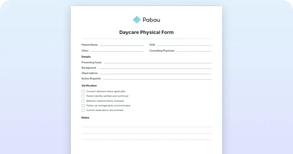Daycare physical form preview from Pabau