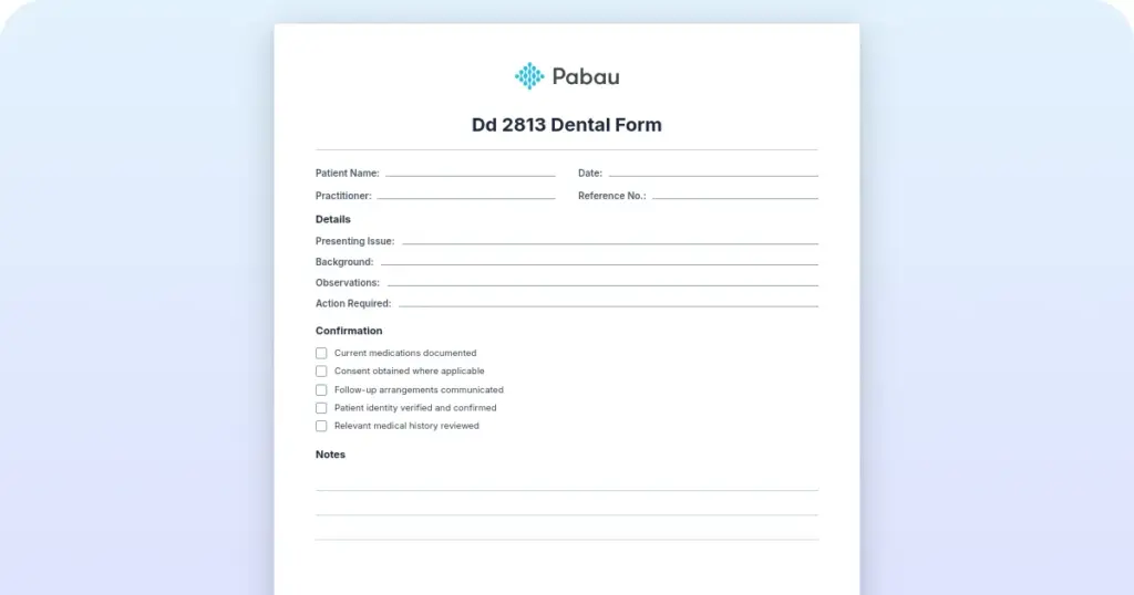 DD 2813 dental patient information form template preview.