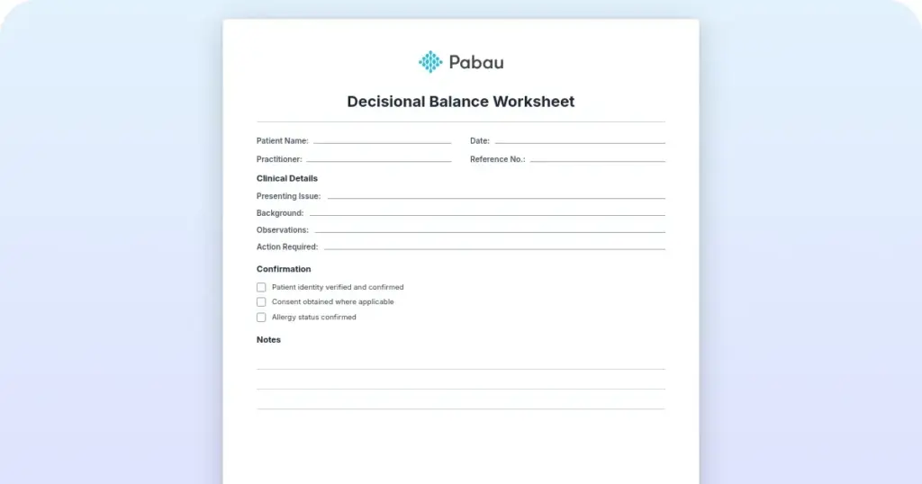 Decisional balance worksheet preview from Pabau