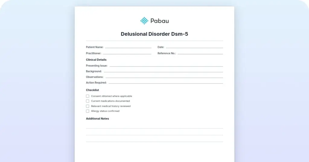 Delusional disorder DSM-5: Criteria and assessment template preview from Pabau