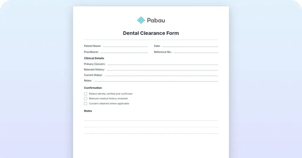 Dental clearance form preview from Pabau