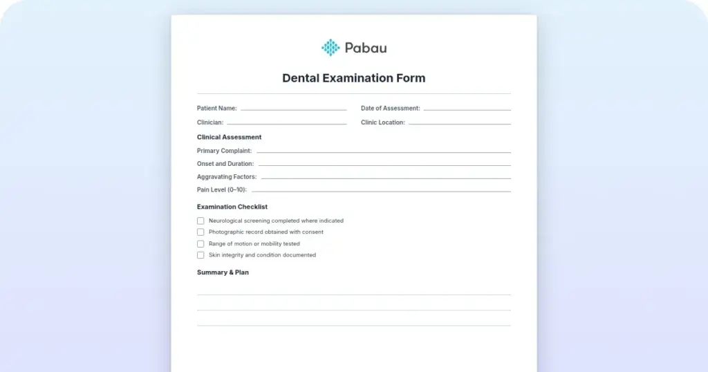 Dental examination form template: Complete clinical guide preview from Pabau