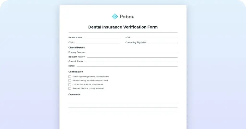 Dental insurance verification form: Free PDF template preview from Pabau