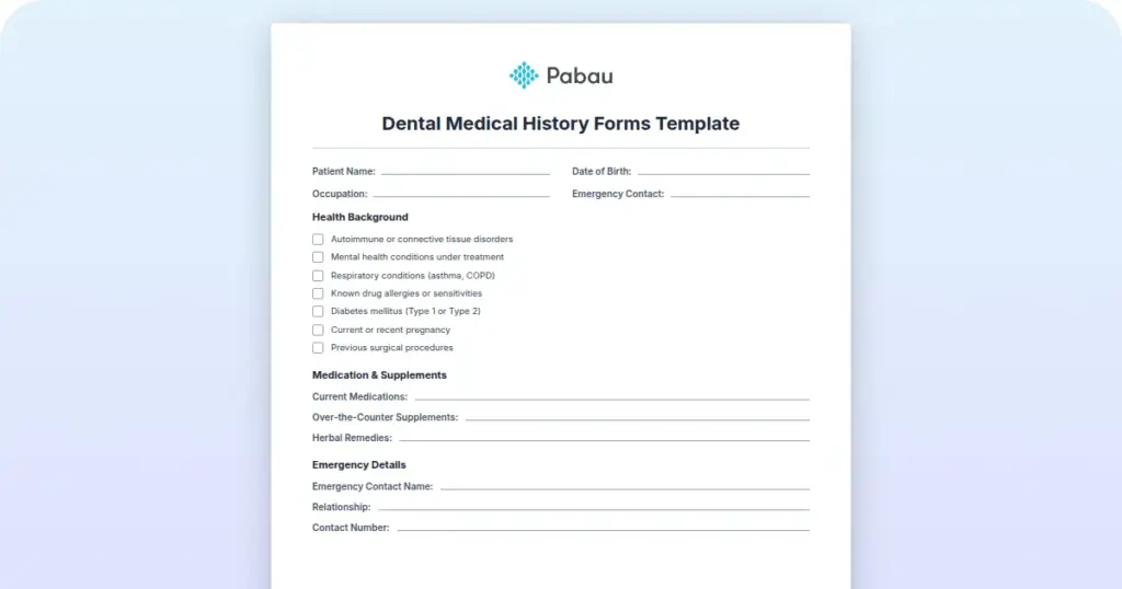 Dental Medical History Forms Template preview from Pabau