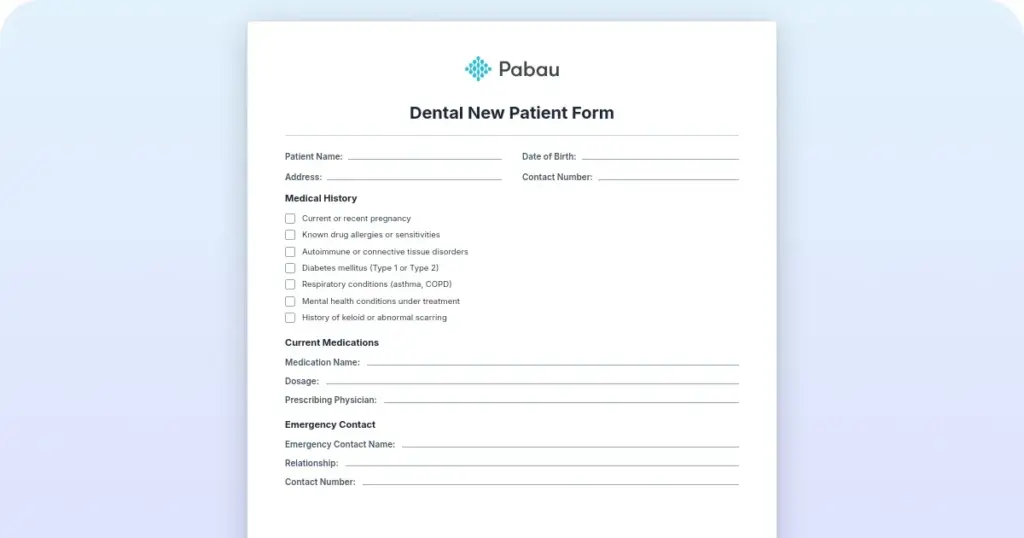 Free dental new patient form template preview from Pabau