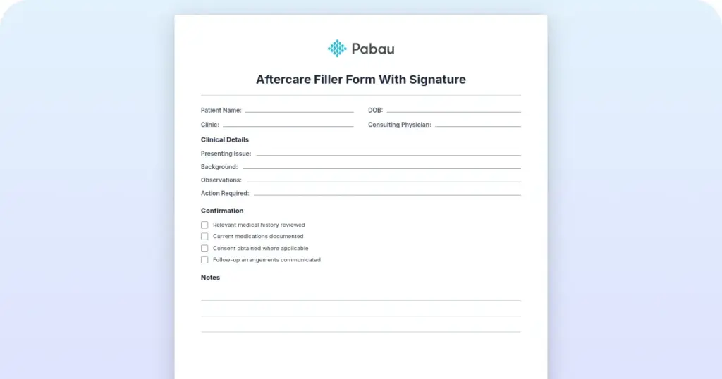 Dermal filler aftercare form with signature preview from Pabau
