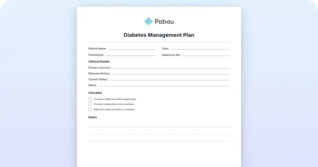 Diabetes management plan preview from Pabau
