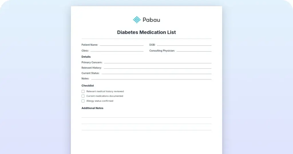 Diabetes medication list for safe patient care preview from Pabau