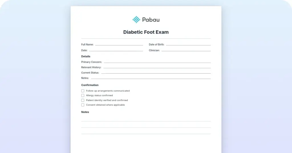 Diabetic foot exam template preview from Pabau