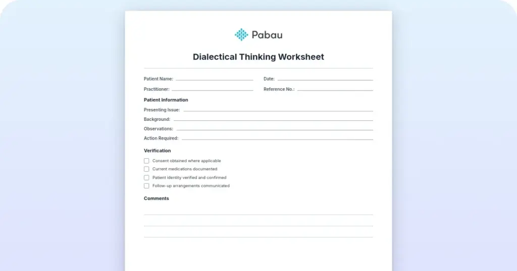 Dialectical thinking worksheet: Free PDF for therapists and clients preview from Pabau