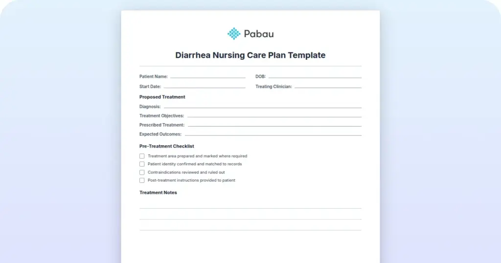 Diarrhea Nursing Care Plan Template preview from Pabau