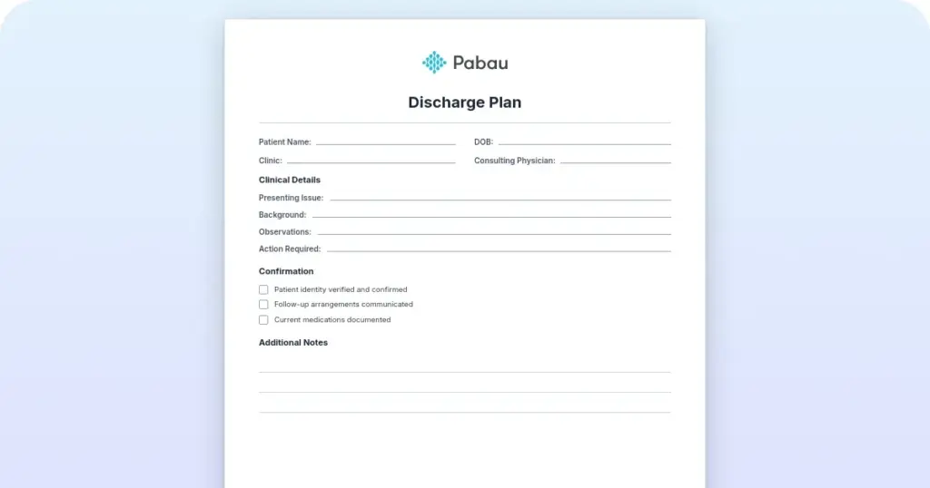 Discharge plan preview from Pabau