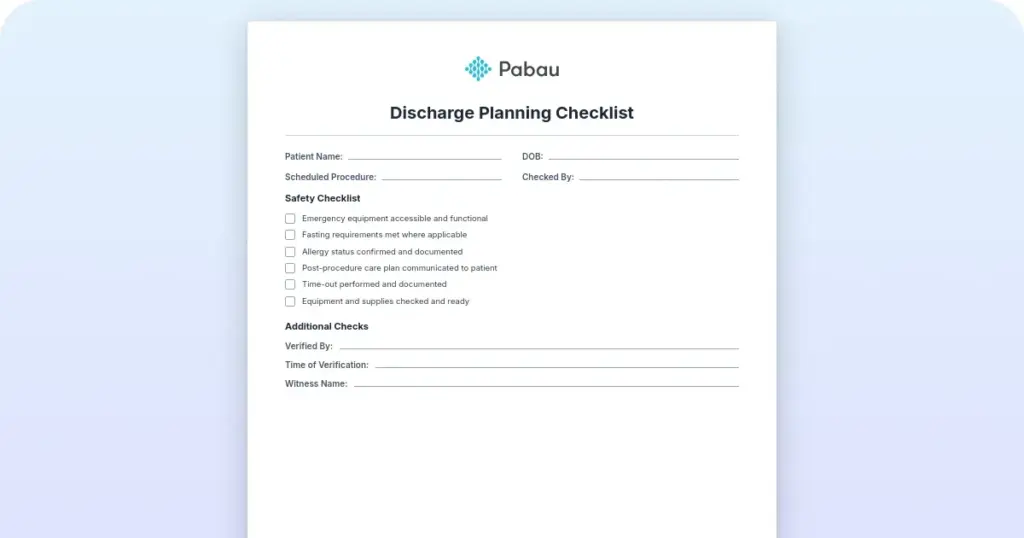 Discharge planning checklist preview from Pabau