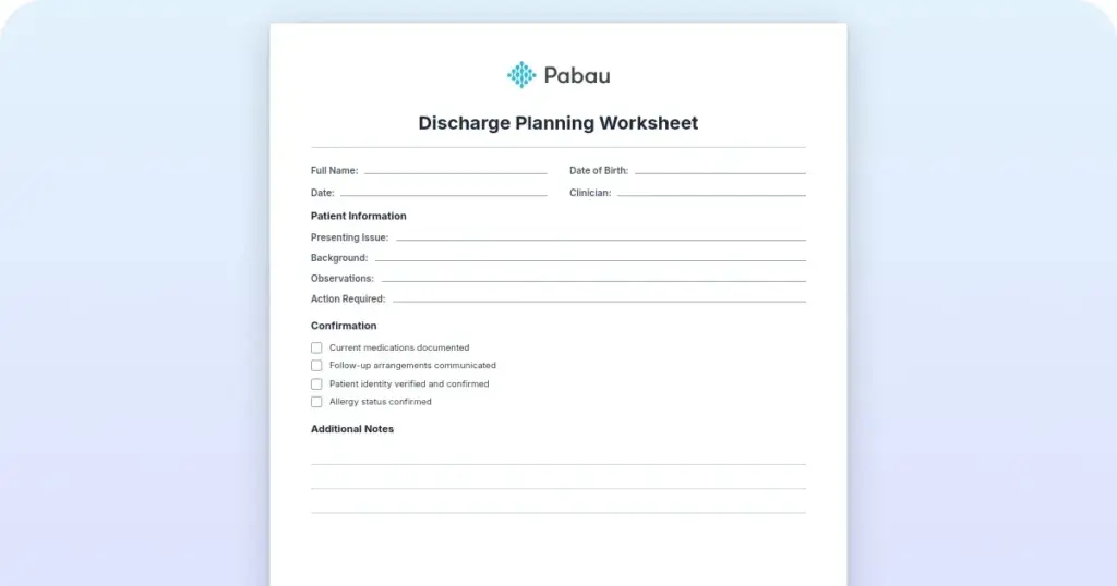 Discharge planning worksheet: A free downloadable template preview from Pabau