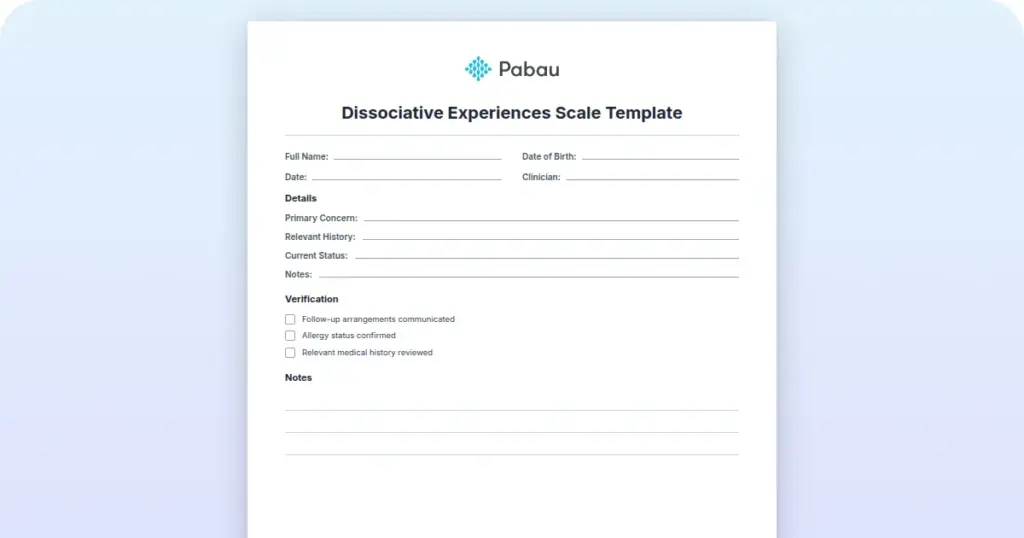 Dissociative Experiences Scale Template preview from Pabau