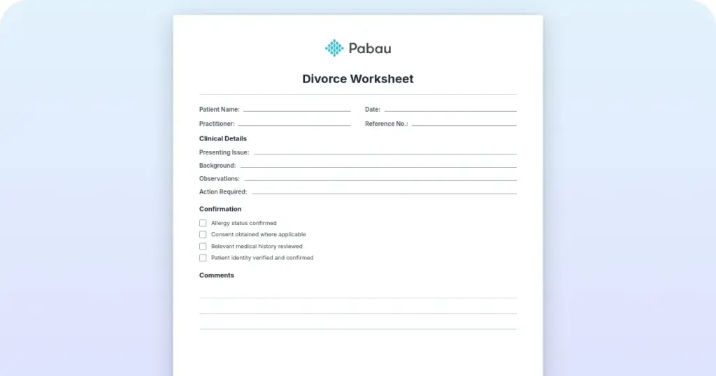 Divorce worksheet: A free clinical template for therapists preview from Pabau