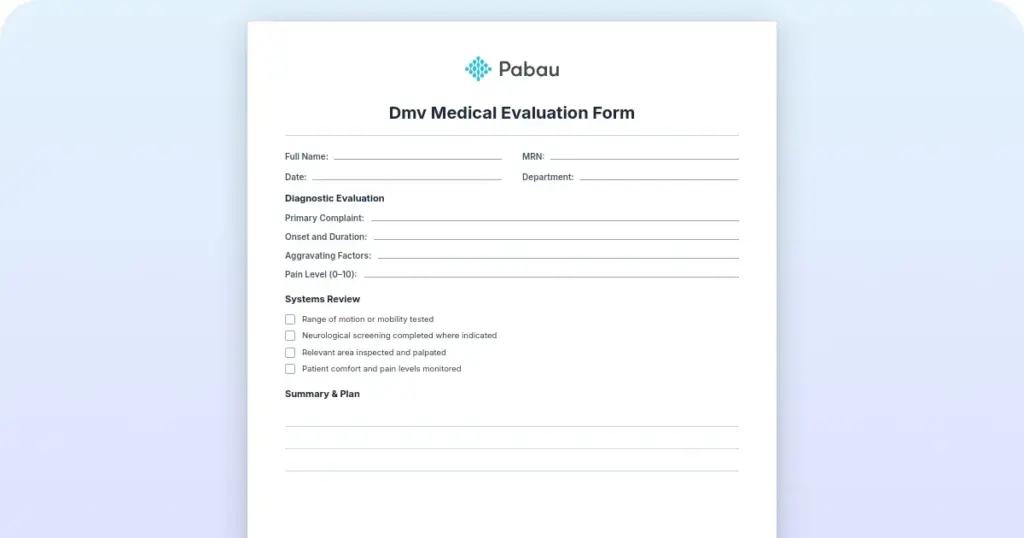 DMV medical evaluation form preview from Pabau