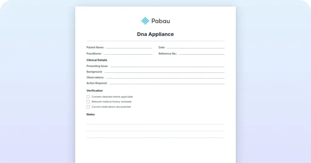 DNA appliance template: Consent, intake, progress notes preview from Pabau