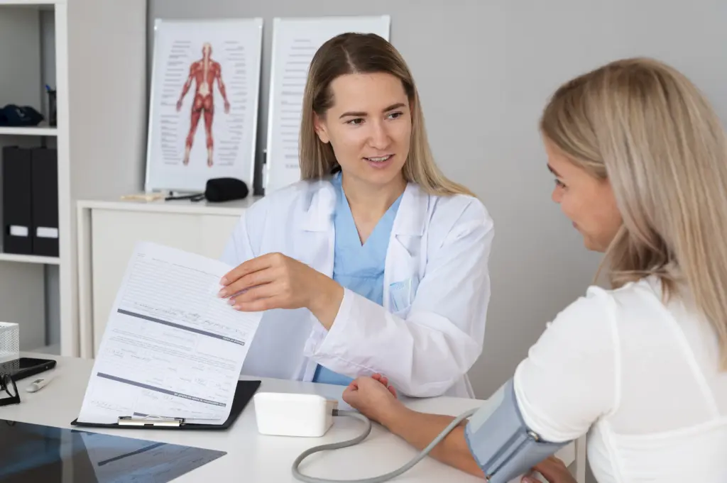 female doctor in a white coat and blue scrubs shows a form to a female patient whose blood pressure is being measured.