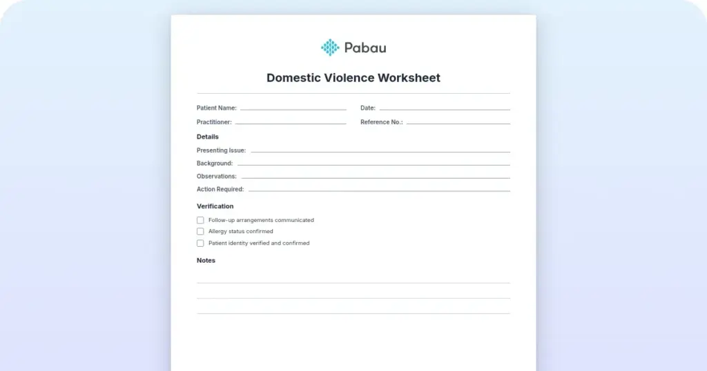 Domestic violence worksheet preview from Pabau