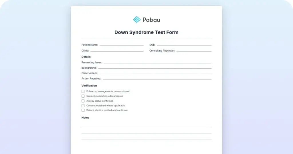 Down syndrome test form and prenatal screening guide preview from Pabau