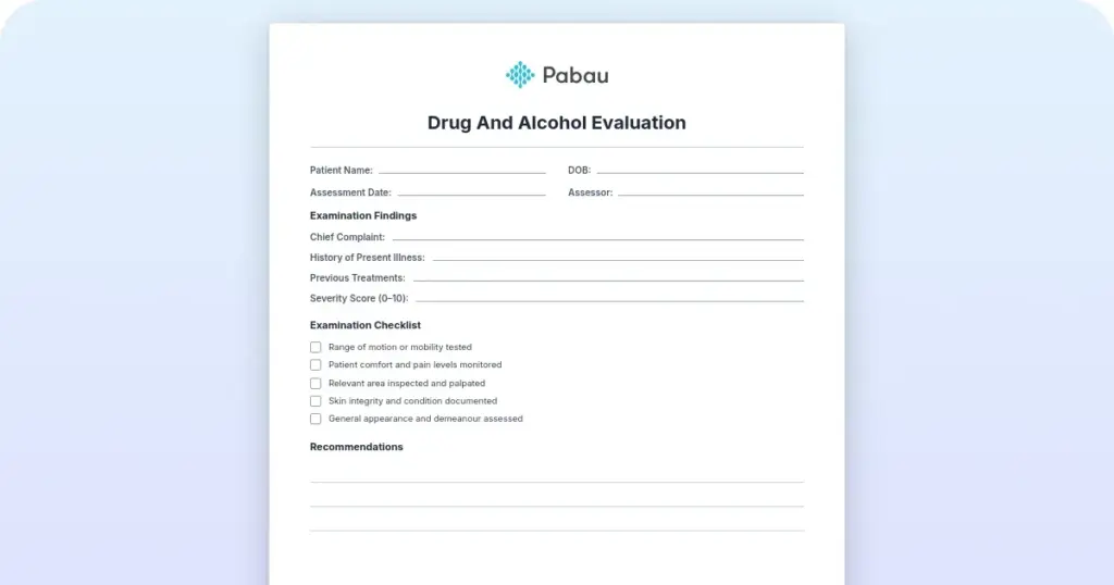 Drug and alcohol evaluation form: Free template for clinical use preview from Pabau
