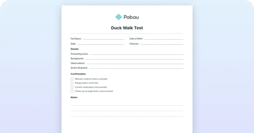 Duck Walk Test preview from Pabau