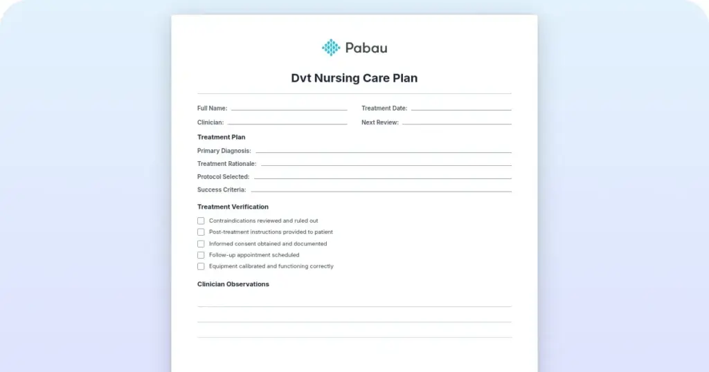 DVT nursing care plan preview from Pabau