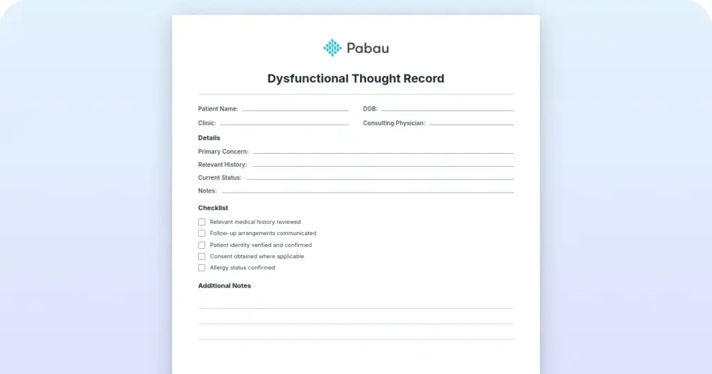 Dysfunctional thought record preview from Pabau