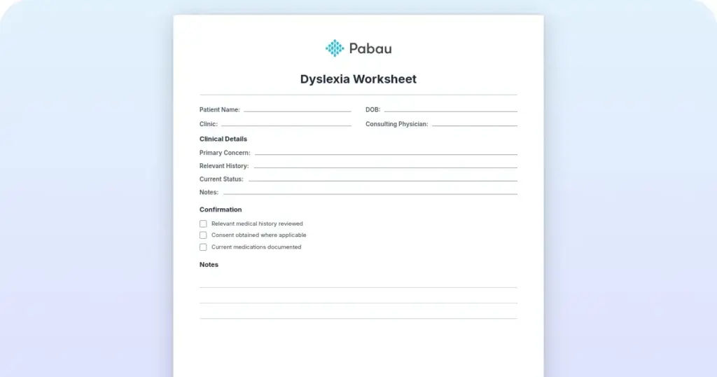 Dyslexia worksheet: Free clinical screening form preview from Pabau