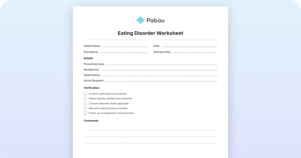 Eating disorder worksheets for therapy and recovery preview from Pabau