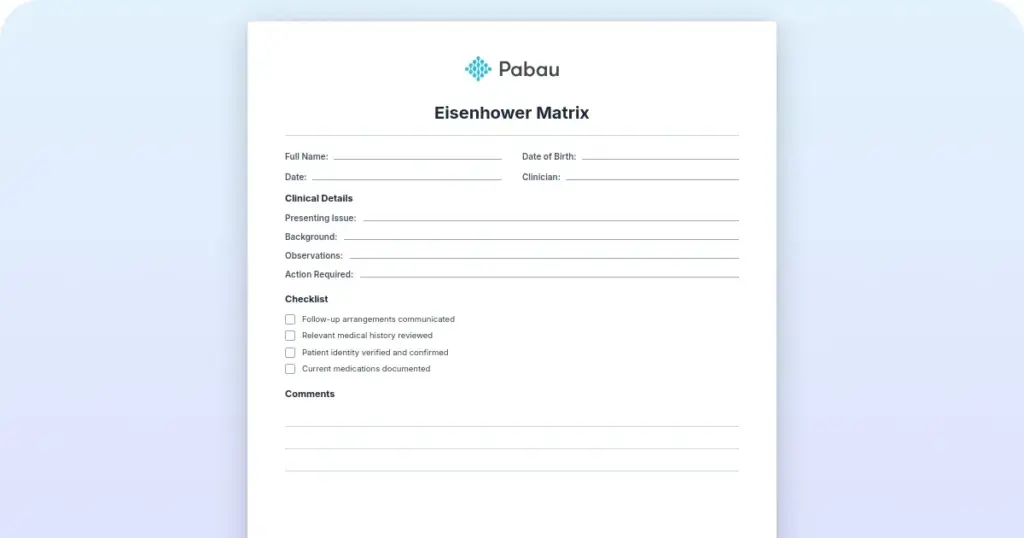Free Eisenhower Matrix template to prioritize tasks preview from Pabau