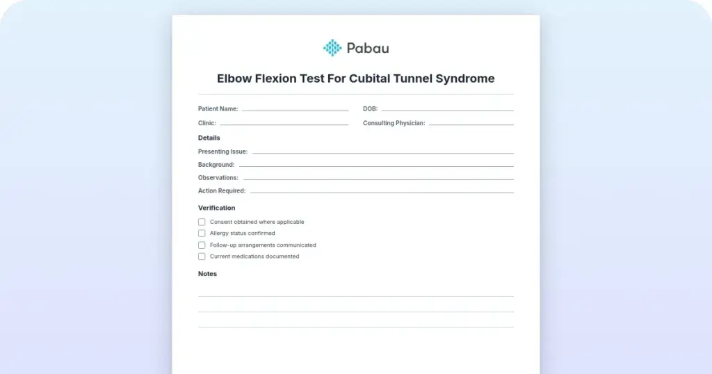Elbow flexion test for cubital tunnel syndrome preview from Pabau