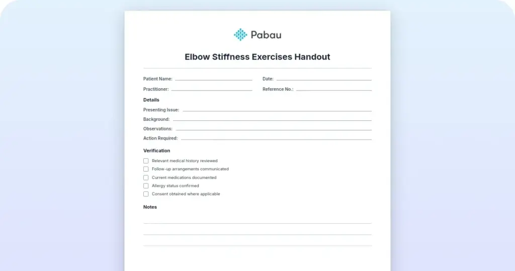 Elbow stiffness exercises handout preview from Pabau