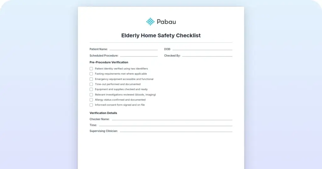 Elderly home safety checklist preview from Pabau