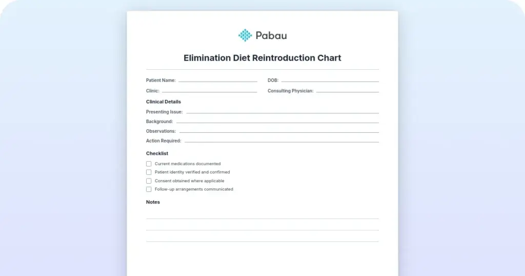 Elimination diet reintroduction chart preview from Pabau