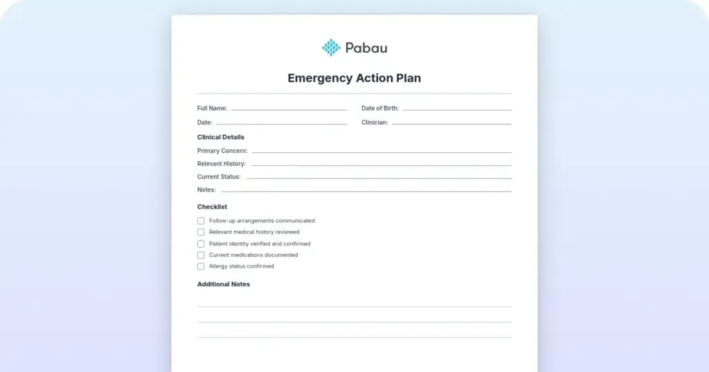 Emergency action plan preview from Pabau